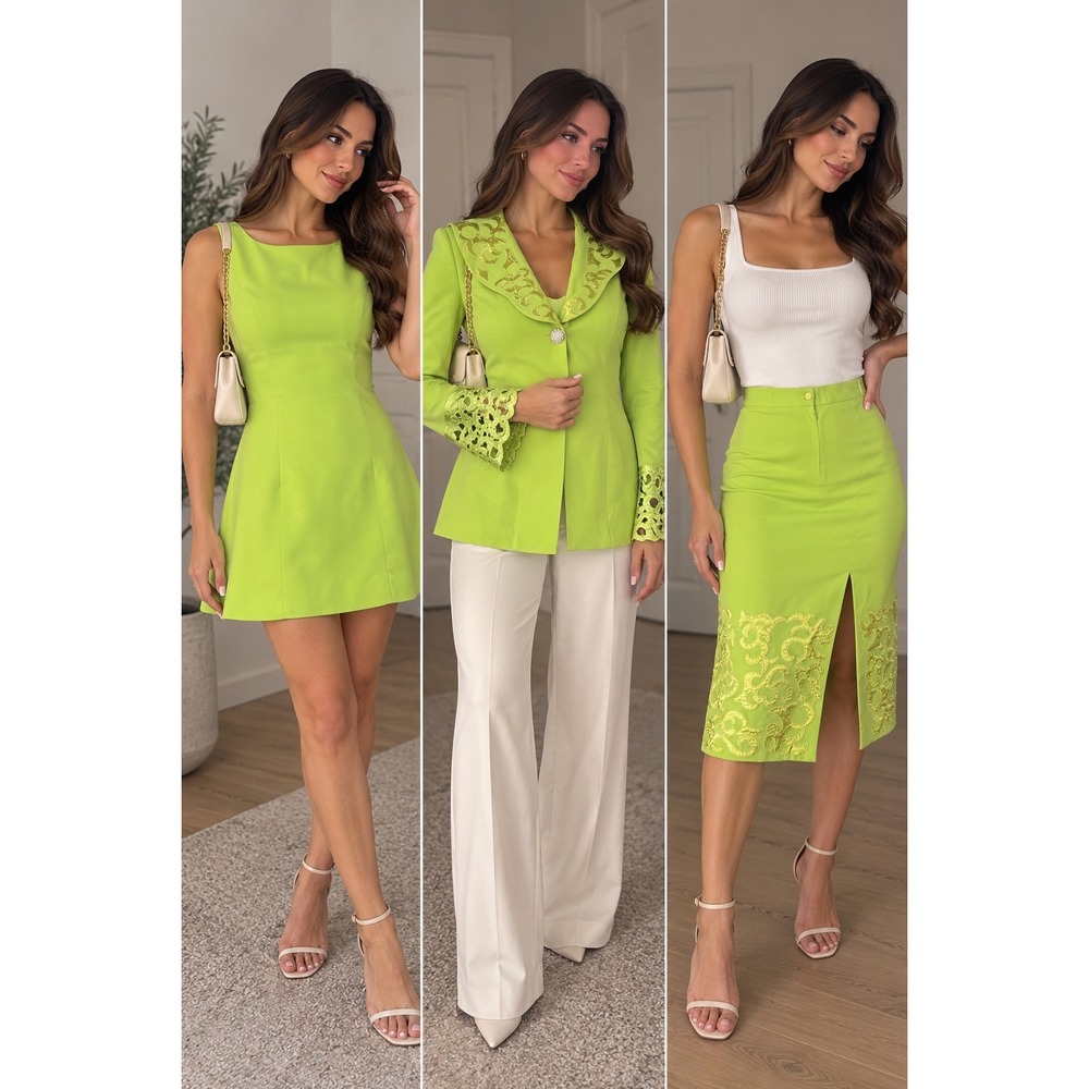 Nubiano New York Lime Green 3 Piece Skirt Suit Set Embroidery Bell Sleeve Sz 12